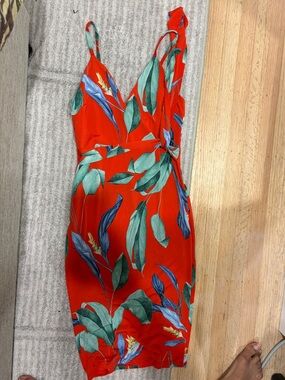 Red Tropical Print Wrap Dress - Women's